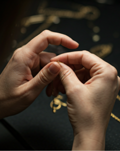 Artisan hands working with gold jewelry